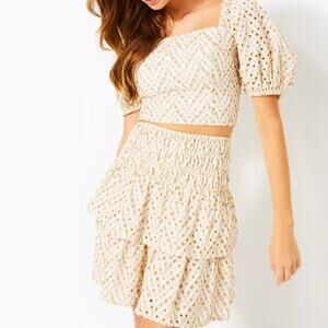 Lilly Pulitzer Yara Golden Eyelet Matching Skirt Set Size XL/16